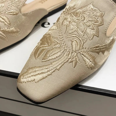 Women's Mules Slippers Summer Footwear Flats Retro Chinese Style Flowers Elegant Dress Low Heel Sandals Designer Slides on sales