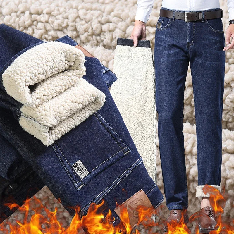 Men's Wool Velvet Jeans Winter Fleece Thickened Business Casual Straight Denim Pants Soft Cozy Thermal Stretch Trousers Male