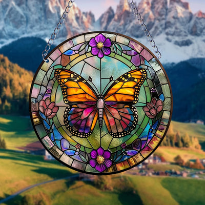 1pc Butterfly Window Suncatcher Wall Hanging Decoration Round Stained Acrylic Wall Art  for Courtyard Family Gift Colleague