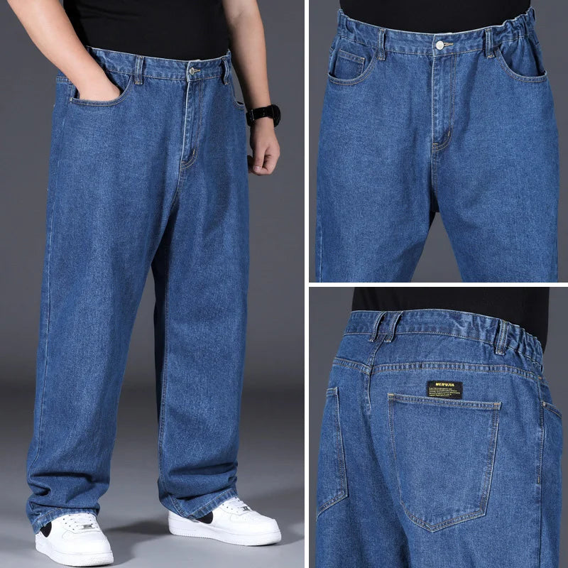 Men's Plus Size Jeans Elastic Waistband 30-48inch Stretch Denim Pants Straight Leg Breathable Loose Fit Streetwear Casual Wear