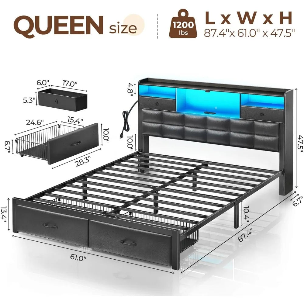 Bed Frame Queen Size with Drawers and Charging Station,Metal Frame,Upholstered Platform Bed with Storage Headboard and LED Light
