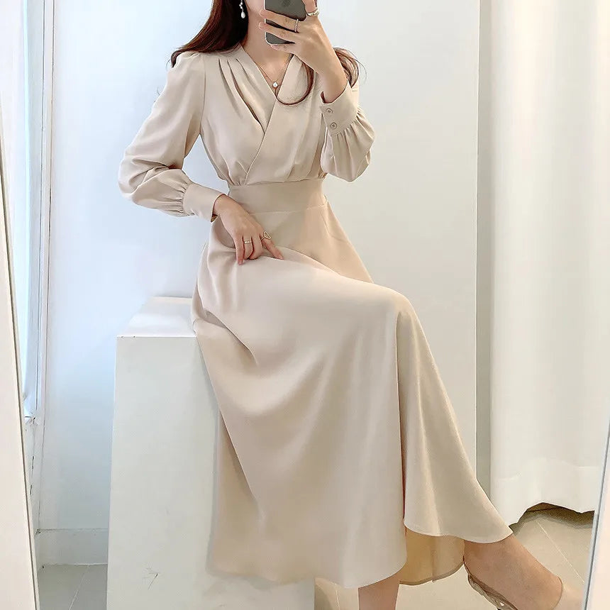 Jielur Harajuku V-neck Puff Sleeve A-line Maxi Dress Woman Solid Color Midi Robe Korean Office Dresses Elegant Spring Dress Lady