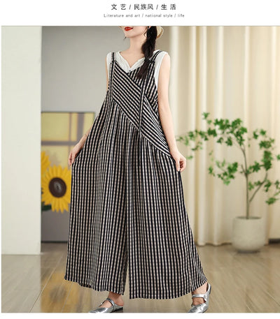 Oversized Summer Plaid Print Jumpsuit Women Wide Leg Loose Pleated Fashion Ladies Jumpsuits V-Neck Sleeveless Woman Jumpsuits