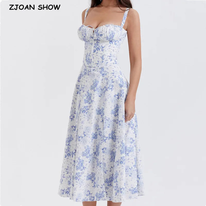 2023 Sexy Ruched Chest Blue White Flower Print Corset Style Sling Dress Cross Lacing up Bandage Back Hem Slit A-Lined Midi Robe