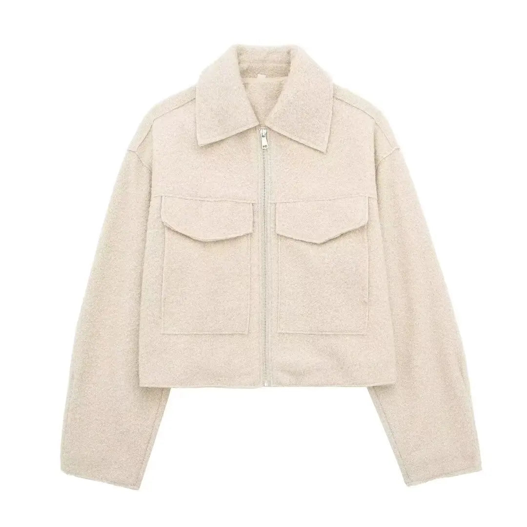 TRAFZA Women Vintage Casual Chic Solid Jackets Turn-down Collar Pockets Zipper Long Sleeve Coats Female Fashion 2024 Spring Coat