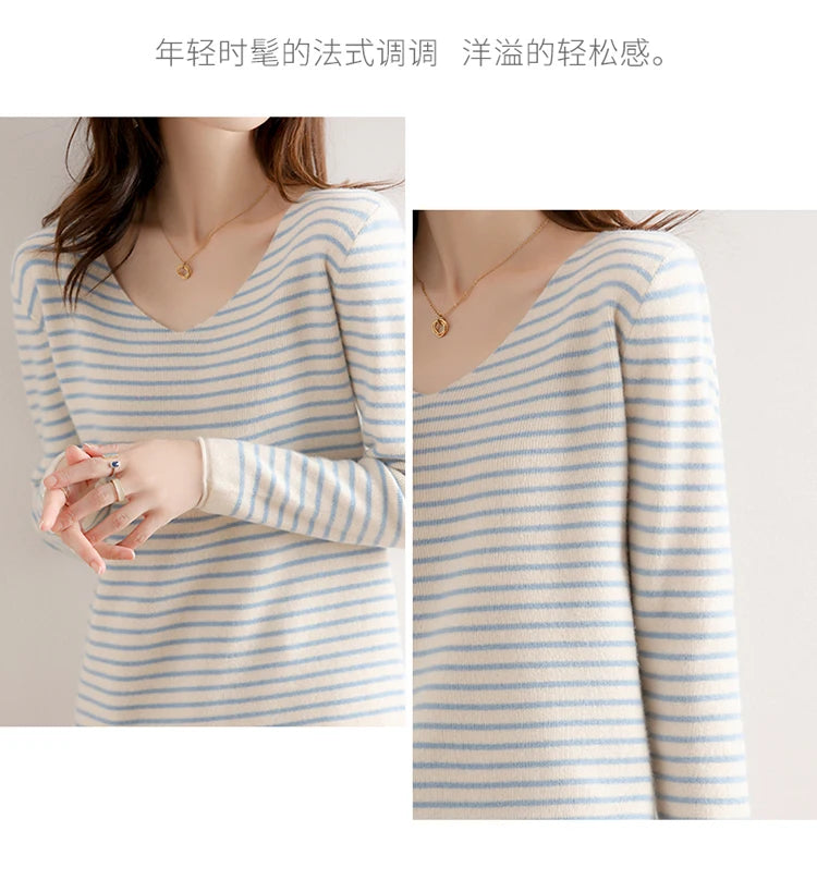 New Striped V-neck Sweater Women's All-Match Loose Sweater Fall Winter Fashion Bottoming Shirt Inner Wear Blouse