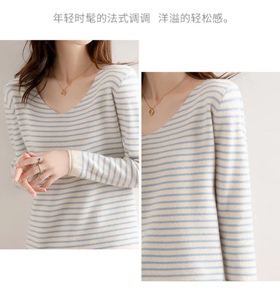 New Striped V-neck Sweater Women's All-Match Loose Sweater Fall Winter Fashion Bottoming Shirt Inner Wear Blouse