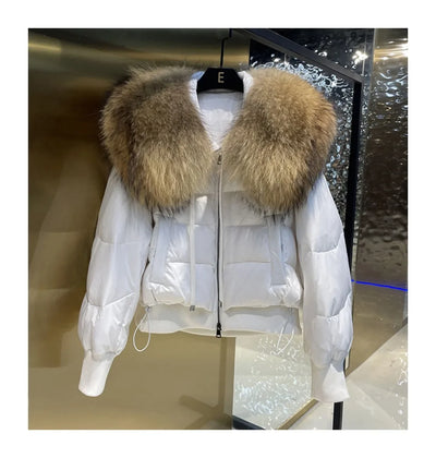 Fashionable Women's Winter Down Jacket Cropped Fox Fur Collar High End 90% White Duck Feather Coat Thick Long Sleeves