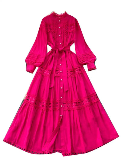 Elegant Long Maxi Hollow Out Dress Shirt Women Summer Autumn Palace Retro Pearl Button Embroidery Crochet Evening Party Vestidos