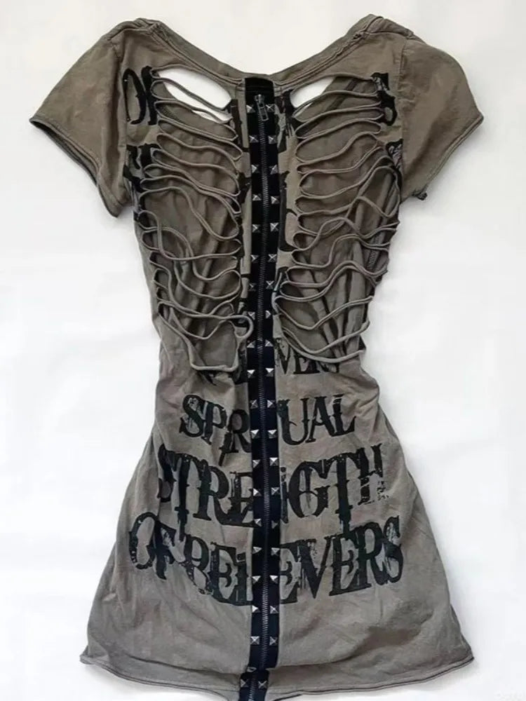 Summer Japanese Retro Hollow Out Design Clothing Women Y2k Tees Punk Slim Short Sleeve T-shirt Gothic Harajuku Zipper Tops New