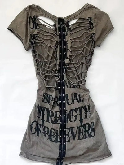 Summer Japanese Retro Hollow Out Design Clothing Women Y2k Tees Punk Slim Short Sleeve T-shirt Gothic Harajuku Zipper Tops New