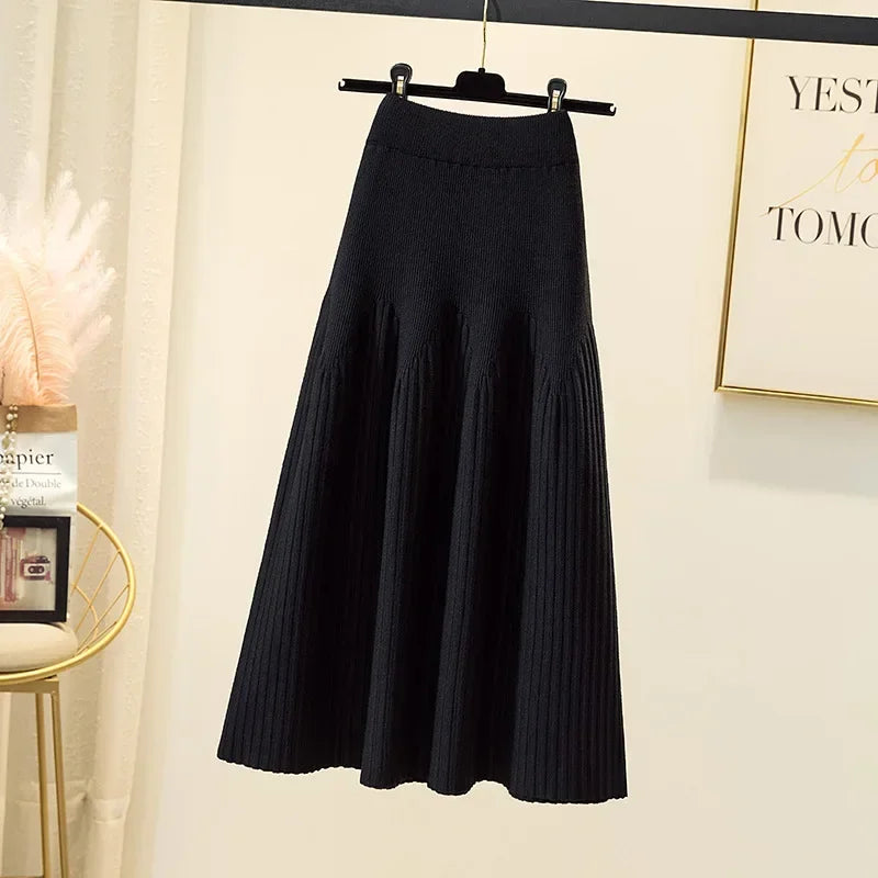 2025 Women's High Waisted Thickened Knitted Skirt Mid-length Wool Skirt All-match A-line Long Skirt Autumn Winter Skirts Female