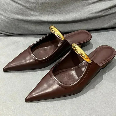 Chunky Pointed Toe Slippers Women Metal Buckle Retro Slides Female Comfy Fashion Low Heel Sandals Designer Mules Pumps Women
