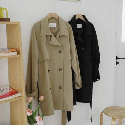 Women Spring Fall Short Trench Coat Korean Style Loose Fit Casual Khaki Jacket Petite-Friendly Versatile and Stylish Outerwear