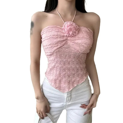 Y2K Women Fashion Sleeveless Vest Hanging Neck Irregular Lace-up Tops With Chest Female Sweet Sexy Vacation Style Top