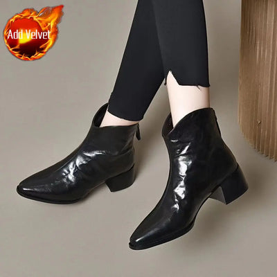 Female Short Shoes Pointed Toe Brown Fur Leather Booties Elegant with Medium Heels Women's Ankle Boots Sale Y2k Autumn Chic Boot