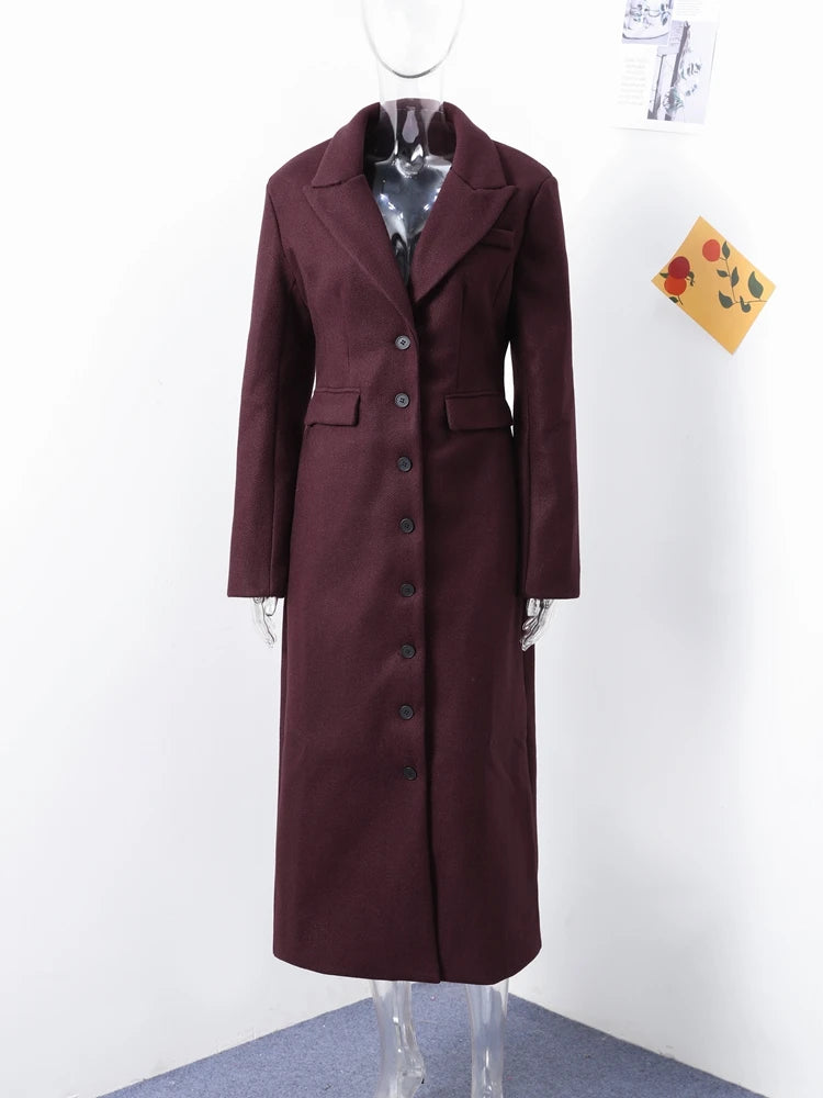 Woolen Burgundy Long Blazer Coat Women Single Breasted Notched Loose Long Sleeve Shoulder Pads Thicken Suit Jacket Female Office