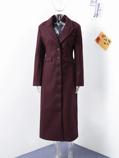Woolen Burgundy Long Blazer Coat Women Single Breasted Notched Loose Long Sleeve Shoulder Pads Thicken Suit Jacket Female Office