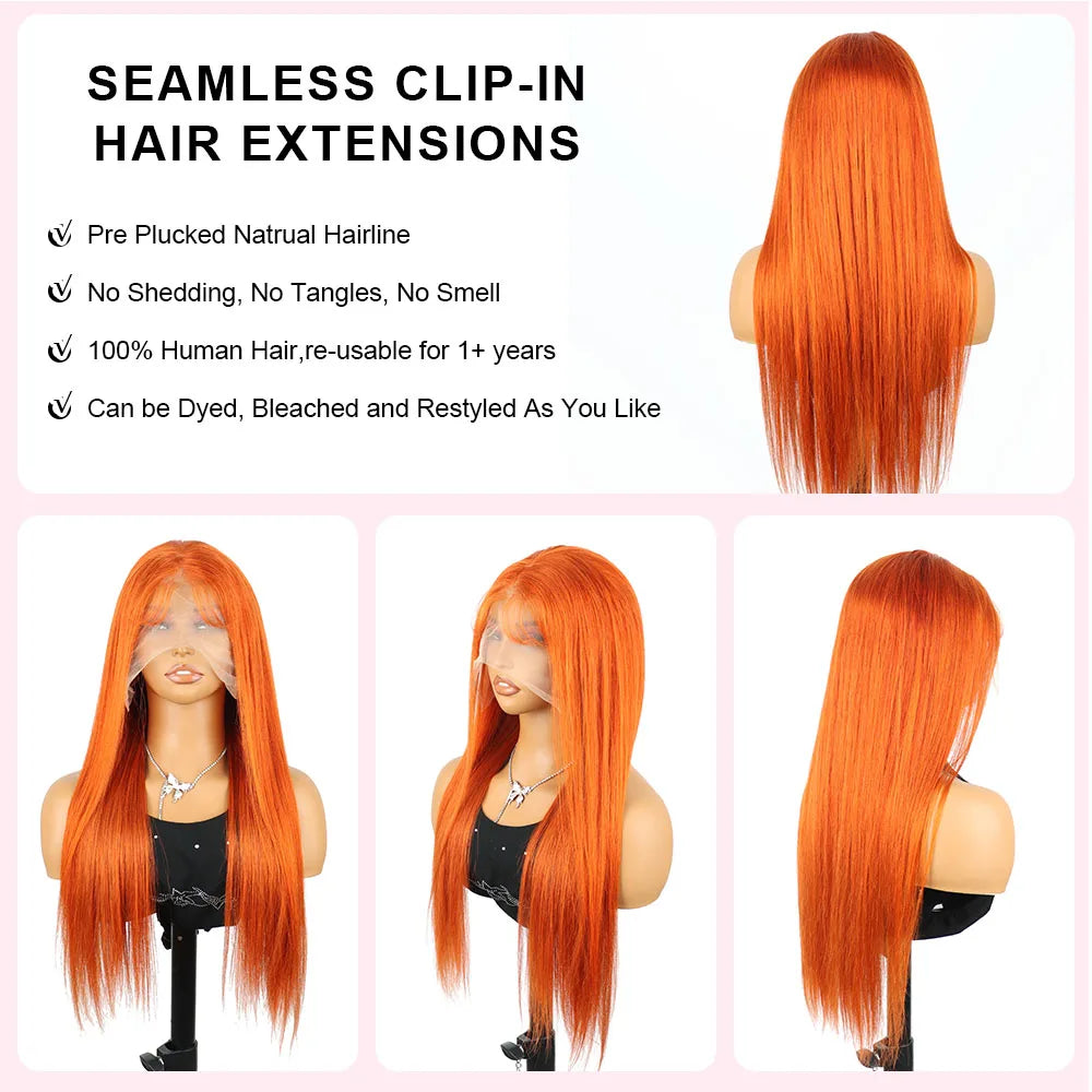350 Ginger Orange 13x4 HD Lace Front Human Hair Wigs Brazilian Bone Straight Transparent Lace Frontal Wig Human Hair
