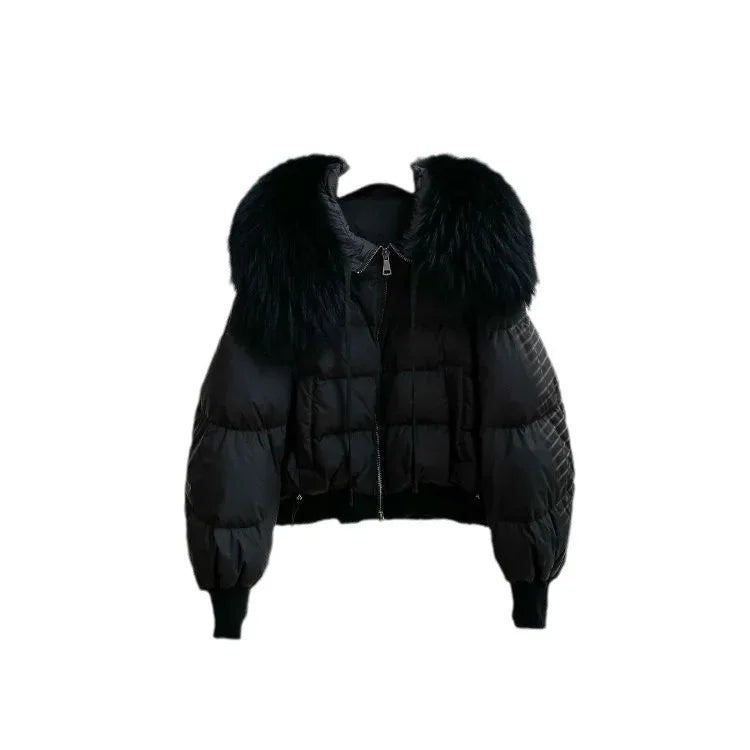 Fashionable Women's Winter Down Jacket Cropped Fox Fur Collar High End 90% White Duck Feather Coat Thick Long Sleeves