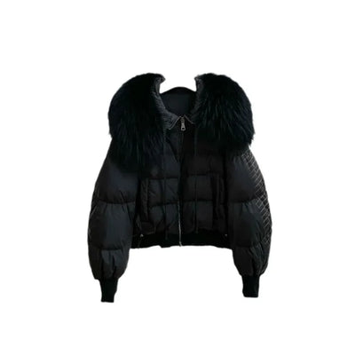 Fashionable Women's Winter Down Jacket Cropped Fox Fur Collar High End 90% White Duck Feather Coat Thick Long Sleeves
