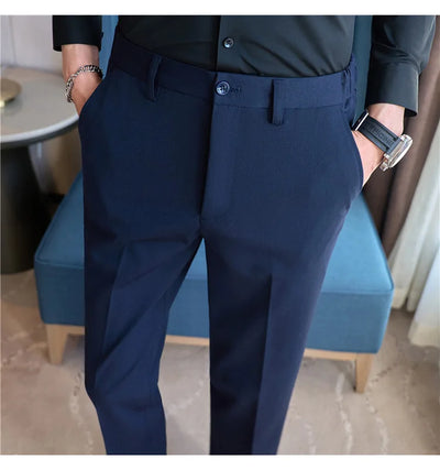 High End Elastic Waistband Suit Pants for Men Embroidered Business Casual Pants Solid Colror Versatile Social Office Trousers