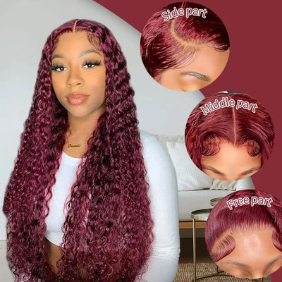 Curly 99J Burgundy 30 Inch Deep Wave 13x4 Lace Front Wig Wet And Wavy Red Colored wigs HD Lace Frontal 100% Human Hair Wigs