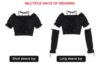 Women's Removable Sleeve T-shirt Drawstring Off Shoulder Crop Top Vintage Shirt Dark Style Harajuku Goth Tee Spring Y2k