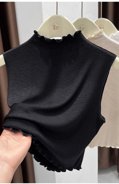 2025 Ruffled Knitted Top Women Y2K Tank Top Half Neck Vest Female Sleeveless Sweater Chic Soft Streetwear Solid Skinny Tube Top