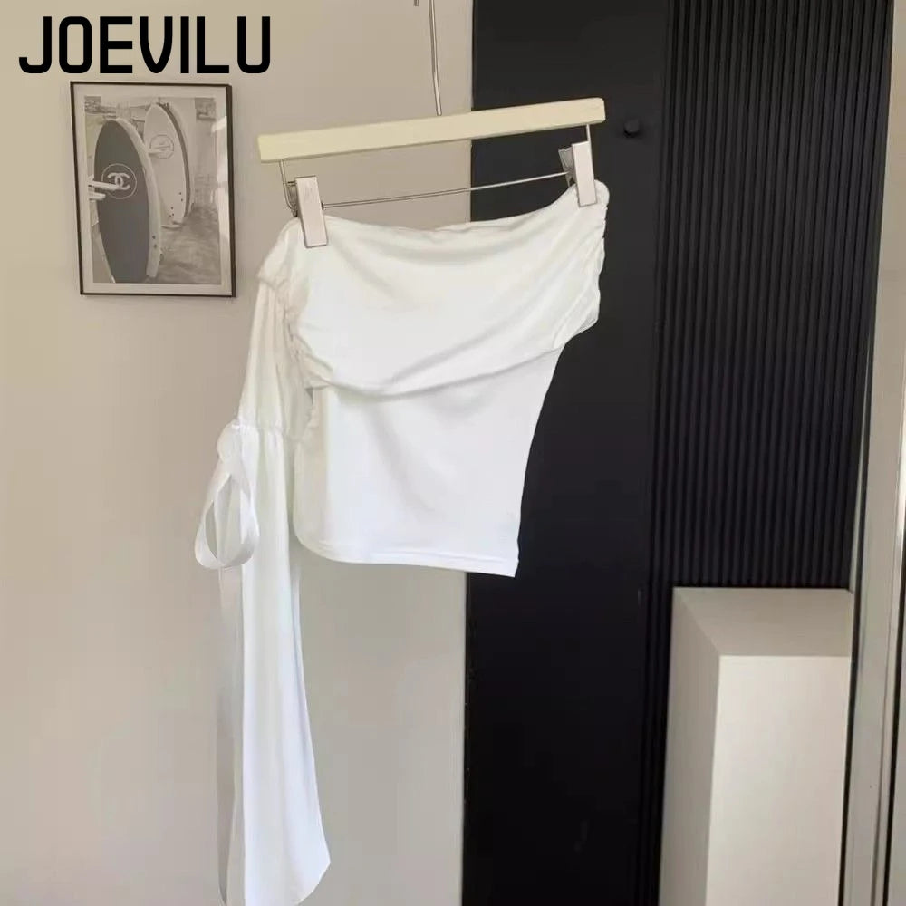 2025 New Sexy Off Shoulder Tops Women Ruffle Sleeve Asymmetric Slim Fit Short Sleeve T-Shirt Y2K Summer Fashion Elegant Clothes