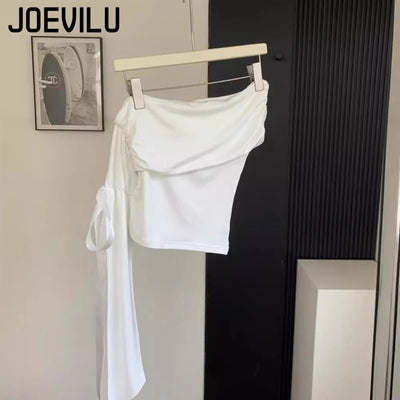 2025 New Sexy Off Shoulder Tops Women Ruffle Sleeve Asymmetric Slim Fit Short Sleeve T-Shirt Y2K Summer Fashion Elegant Clothes