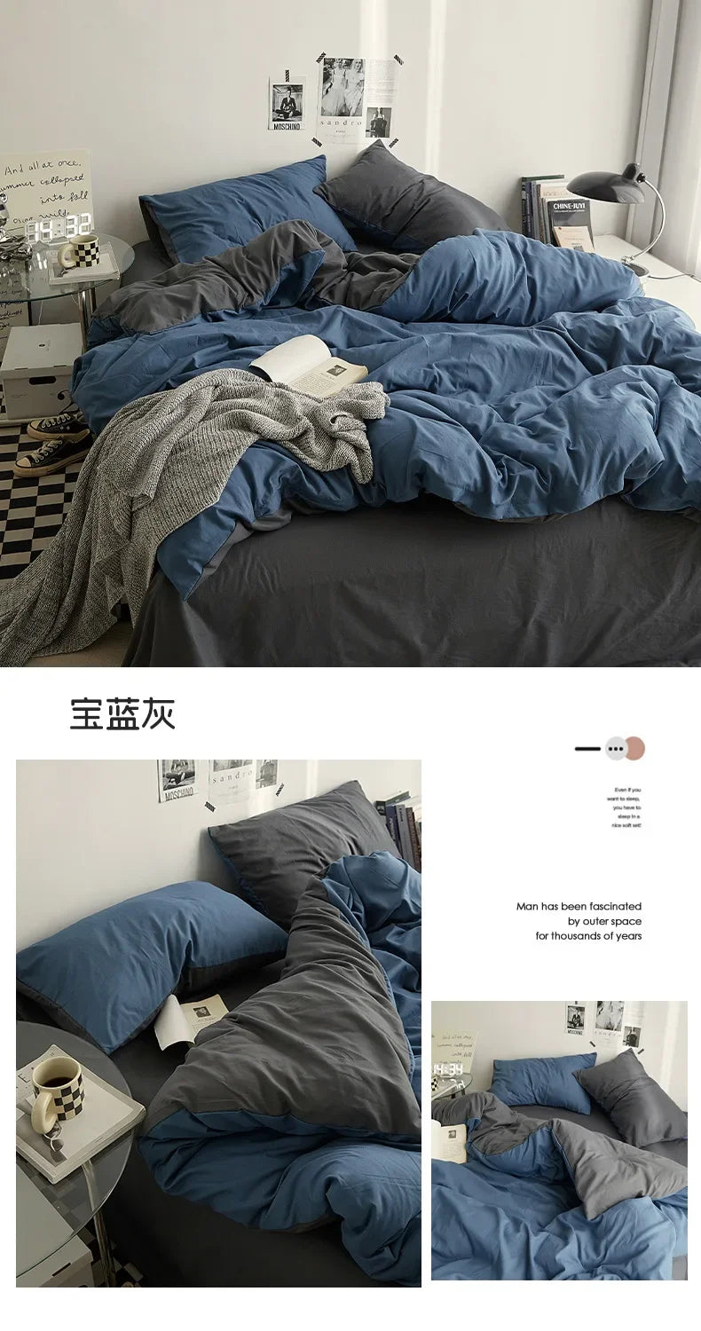 High Quality  Solid Color Double Washed Cotton Bedding 4 Pieces Set Student Dormitory Bed Linen Duvet Set Bed Suit