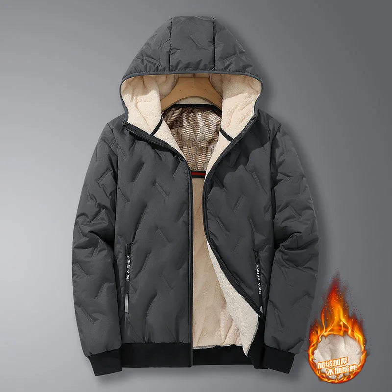 2024 Winter Fashion Sports Plus Fleece Thick Warm Jacket Men's Casual Loose Comfortable Plus Size Hooded Cotton-Padded Jacket