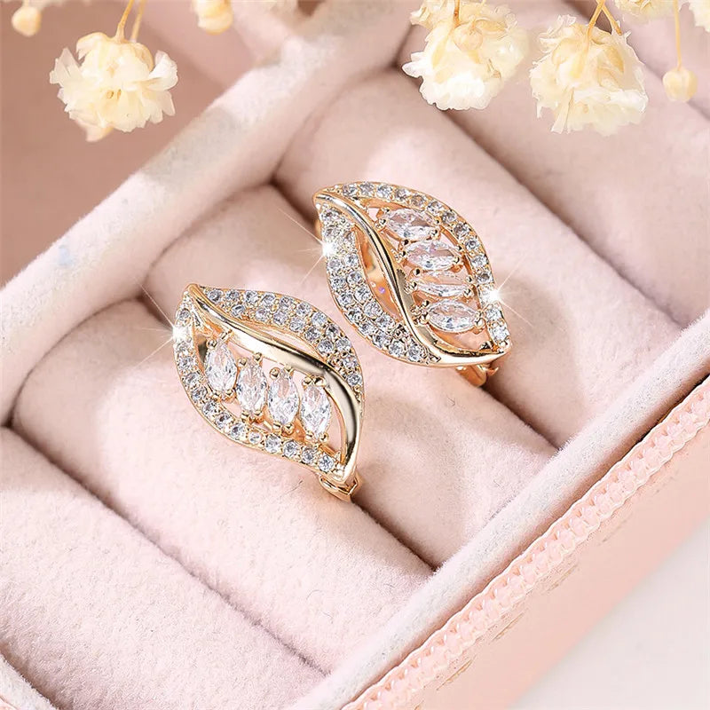 Cute White Zircon Stone Leaf Hoop Earrings For Women Female Gold Color Wedding Jewelry Gift