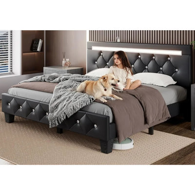 Queen Size Bed Frame with LED Light and Charging Station, Faux Leather Upholstered Platform Bed with Handcrafted Crystal Button