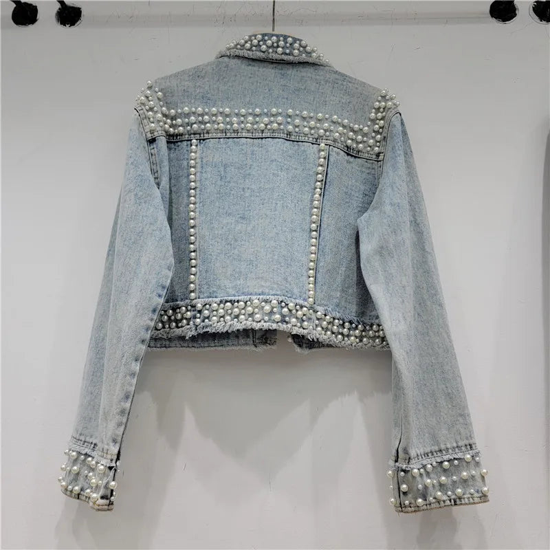 Spring Autumn Women Rainbow Diamonds Pearls Beaded Denim Jacket Rhinestones Rivets Short Jeans Cowboy Cardigan Sequined Outwear