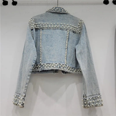 Spring Autumn Women Rainbow Diamonds Pearls Beaded Denim Jacket Rhinestones Rivets Short Jeans Cowboy Cardigan Sequined Outwear