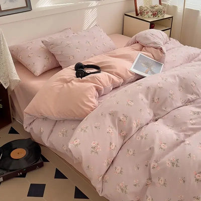 Green Floral Bedding Set Twin Full Queen Size Duvet Cover for Girls Flat Sheet Pillowcase Washed Cotton Home Linens