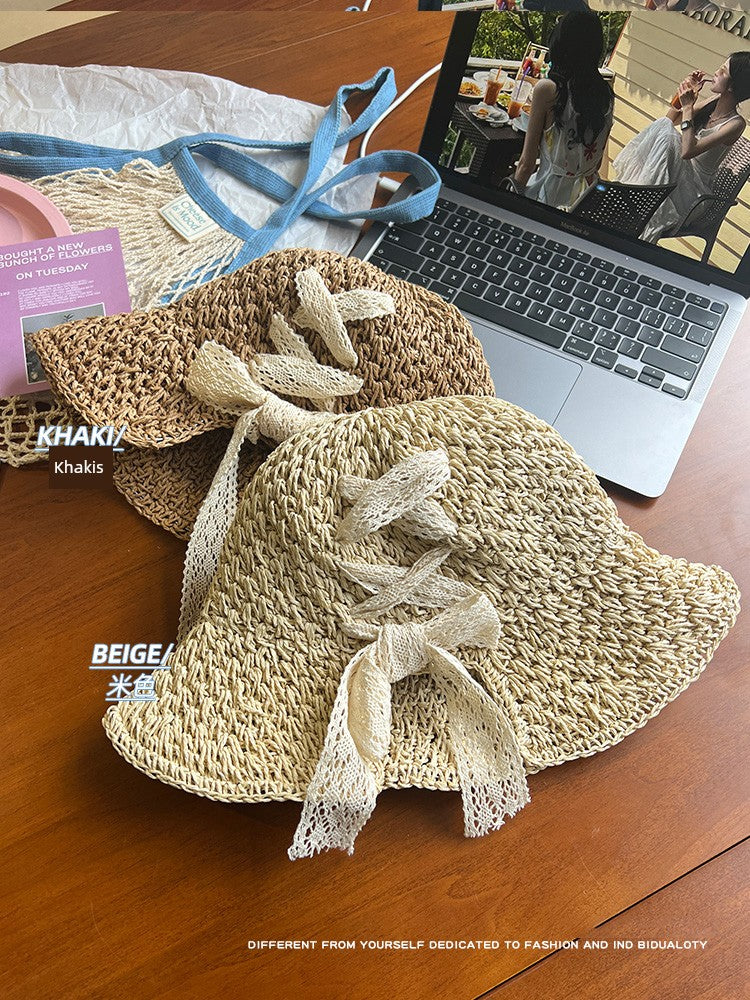 Straw Hat Female Summer New French Woven Bows Sun-Proof Bucket Hat Fresh Beach Trip Vacation Sun Hat
