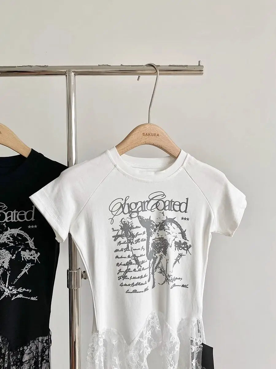 Y2K Brand Cute Deer Graphic Crop Top White Lace Ruffles Tassels Skirt T-shirts Punk Hip Hop E-girl Sexy Club Summer Tees Casual
