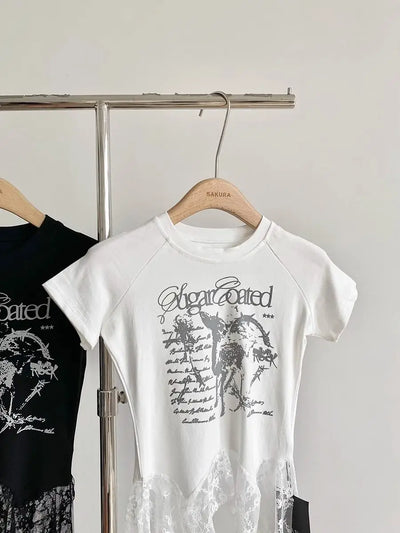 Y2K Brand Cute Deer Graphic Crop Top White Lace Ruffles Tassels Skirt T-shirts Punk Hip Hop E-girl Sexy Club Summer Tees Casual