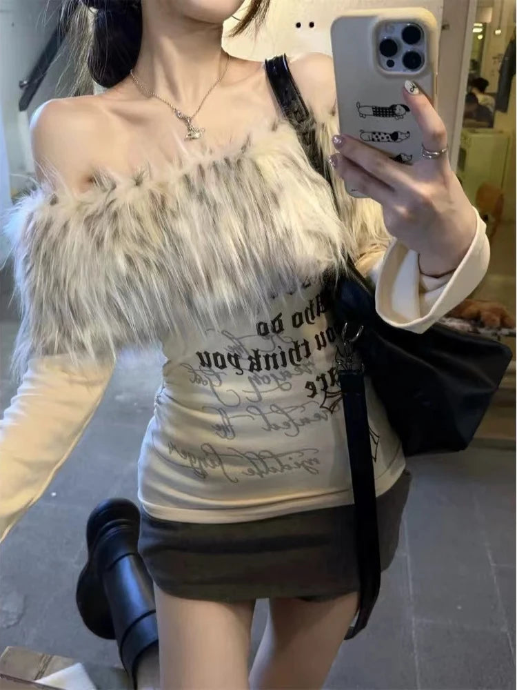 Autumn Winter Korean Fashion Coquette Slash Neck T-Shirt Women Hot Girl Tee Tops Design 2000s Aesthetic Vintage Old Money Y2k