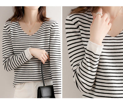New Striped V-neck Sweater Women's All-Match Loose Sweater Fall Winter Fashion Bottoming Shirt Inner Wear Blouse