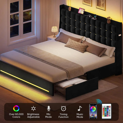 LED Lights with 4 Drawers , Queen/king Bed Frame Velvet Upholstered Platform Bed, No Box Spring Needed, Easy Assembly