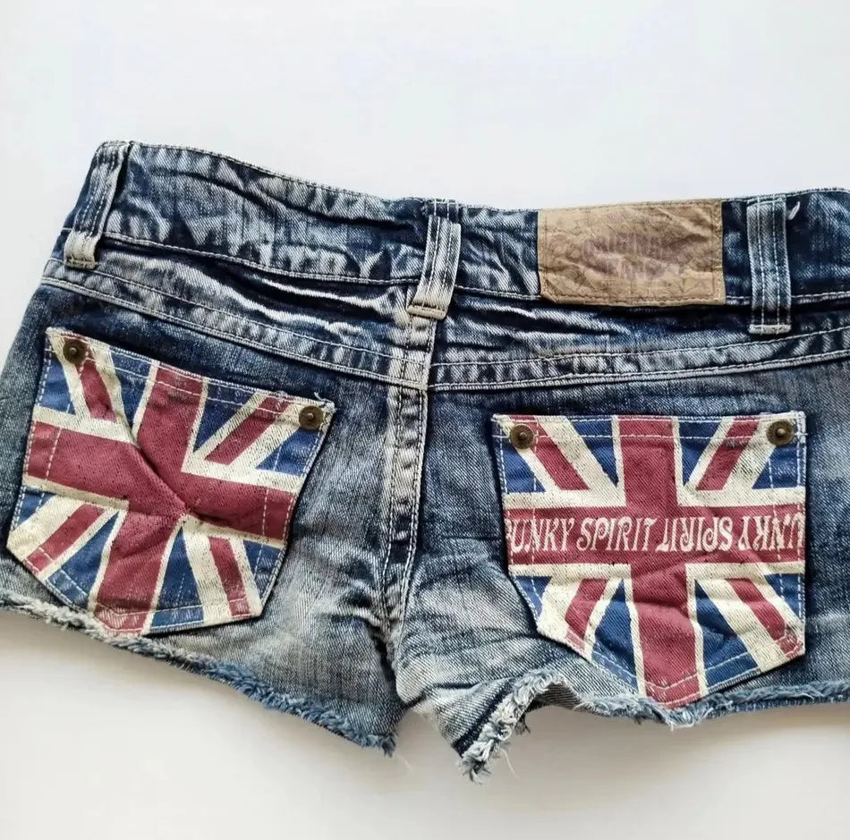 Gothic Union Jack Shorts Y2K Women Sweetheart Harajuku Letter Embroidery Retro Blue Baggy Shorts High Waist Slim Fit Mini Skirt