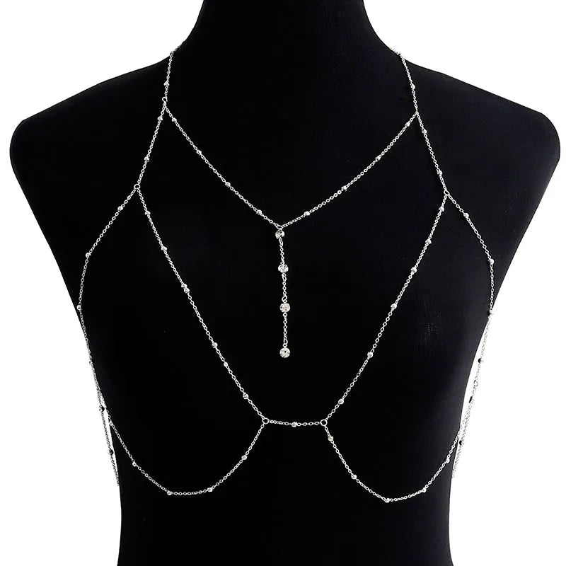Shining Zircon Tassel Sexy Beach Wedding Accessories Women Bra Cross Bikini Within Hollow Out Body Chain Fine Chest Chain Girl