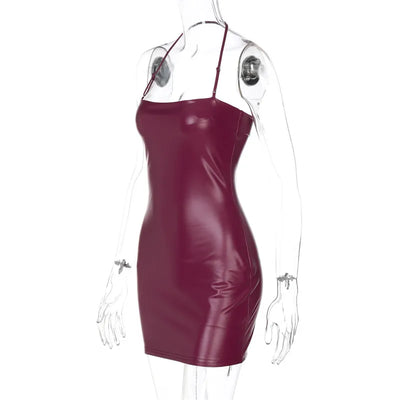 Shestyle Halter Sexy Mini Dress Women Sleeveless 2025 Spring Sheath Solid PU Leather Summer Outfits Hot Clubwear Spaghetti Strap