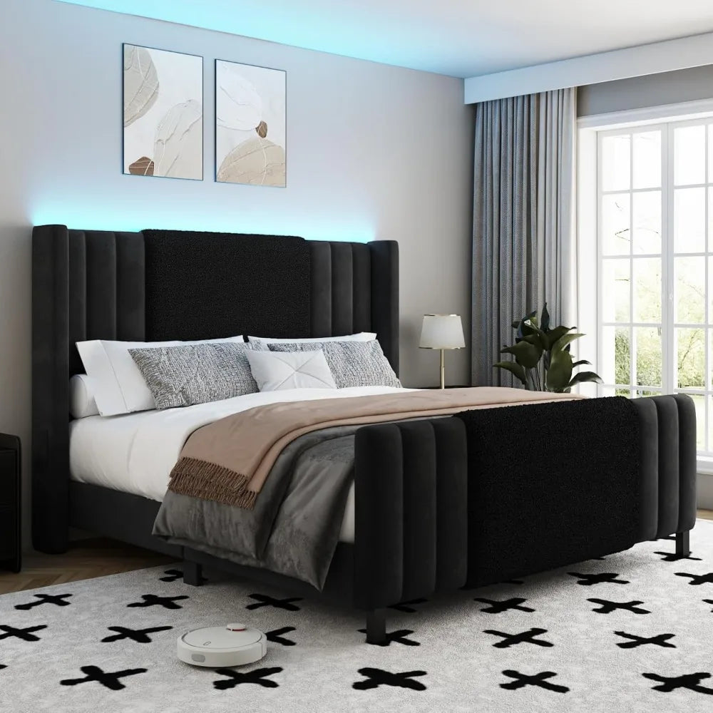 Queen Size Bed Frame with Tall Headboard and Footboard, Boucle and Velvet Upholstered Bed Frame Queen with LED Lights