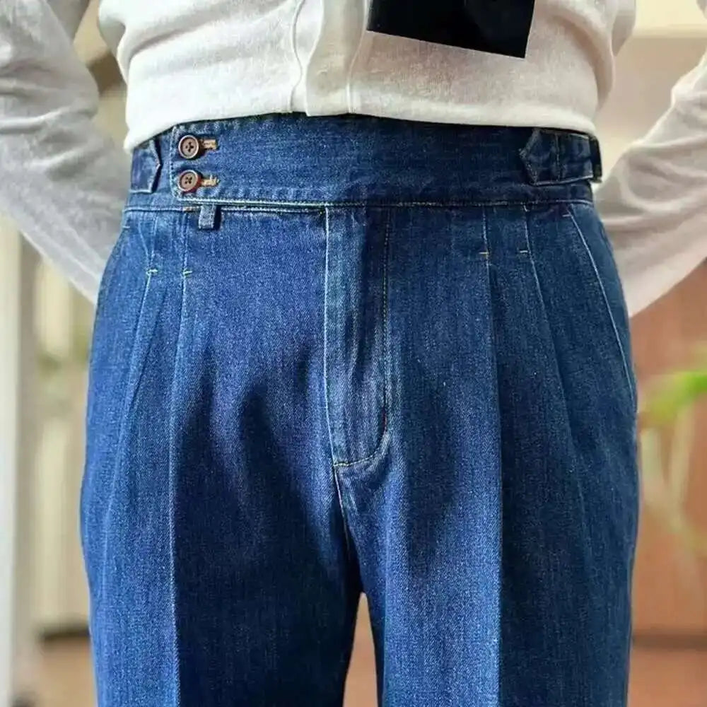 High Quality Double Pleated Jeans Straight Leg Pant Naples Straight Tube Loose Washed High Grade Business Pant Men Dress Trouser