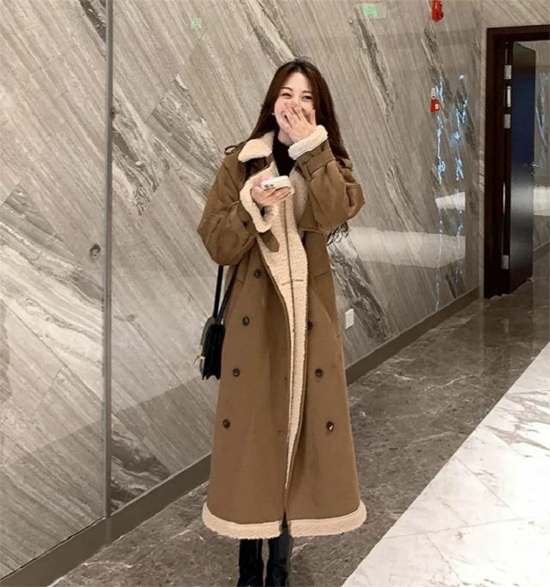 2024 Autumn Winter New Medium Long Double-breasted Lambswool Suede Woolen Coat Women Add Velvet Padded Warm Fur One Woolen Coats